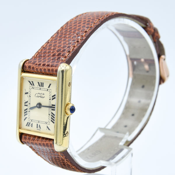 1980s Cartier Ladies Tank 925 Sterling Silver Gilt Vermeil Mechanical Manual Wind with Classic Roman Dial