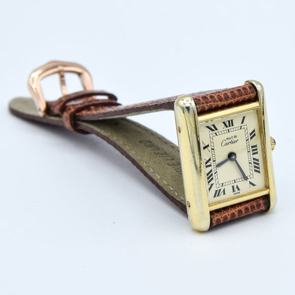 1980s Cartier Ladies Tank 925 Sterling Silver Gilt Vermeil Mechanical Manual Wind with Classic Roman Dial