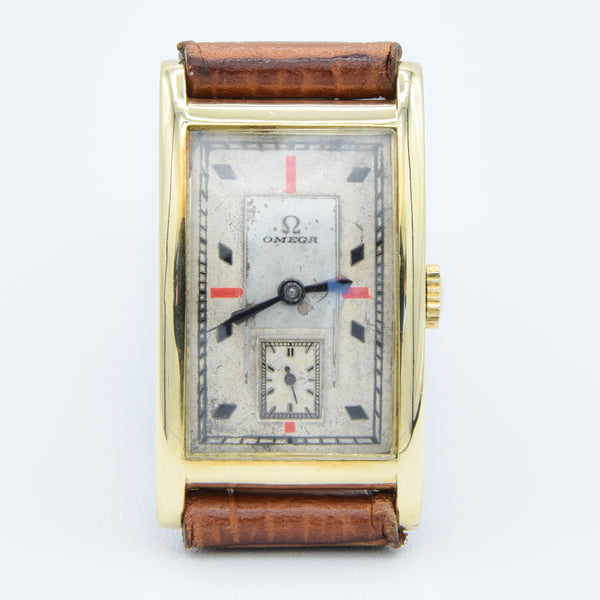 1934 Omega with Red and Black Markers in 14ct Gold Deco Shaped Rectangular Case with Rare Caliber 20F