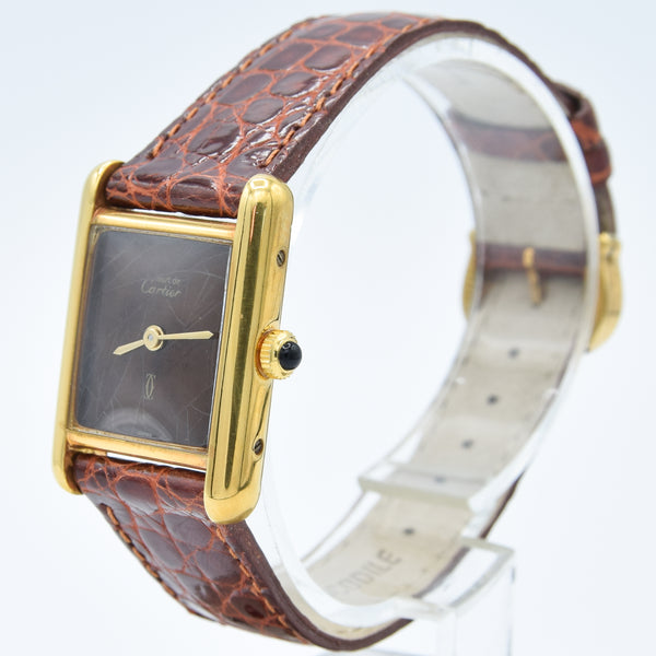 1970s Cartier Ladies Tank Mechanical Manual Wind with Unique Patina Dial in 925 Sterling Silver Gilt Vermeil Case