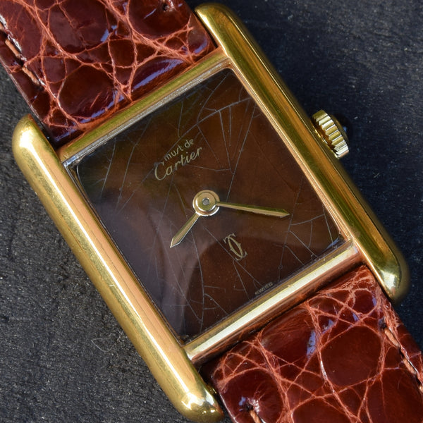 1970s Cartier Ladies Tank Mechanical Manual Wind with Unique Patina Dial in 925 Sterling Silver Gilt Vermeil Case