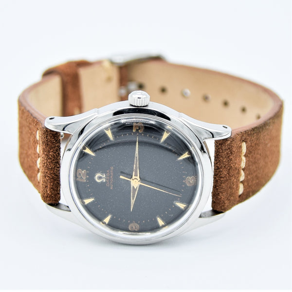 1947 Omega Early Bumper Automatic with Rare Patina Black Dial Model 2582 in Stainless Steel