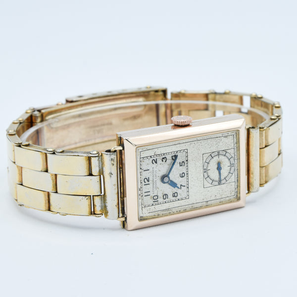 1933 E.J. Frankland & Co. Ltd, Ludgate Circus Rectangular Early Deco Special Doctors Duo Dial Wristwatch in 9ct Gold English-Made Case