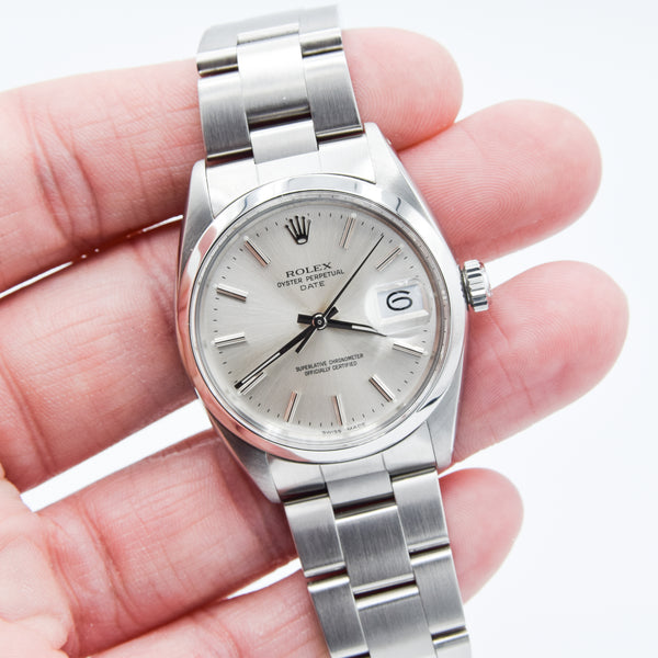 1965 Rolex Oyster Perpetual Date Model 1500 with Silvered Dial in Stainless Steel on Oyster Bracelet