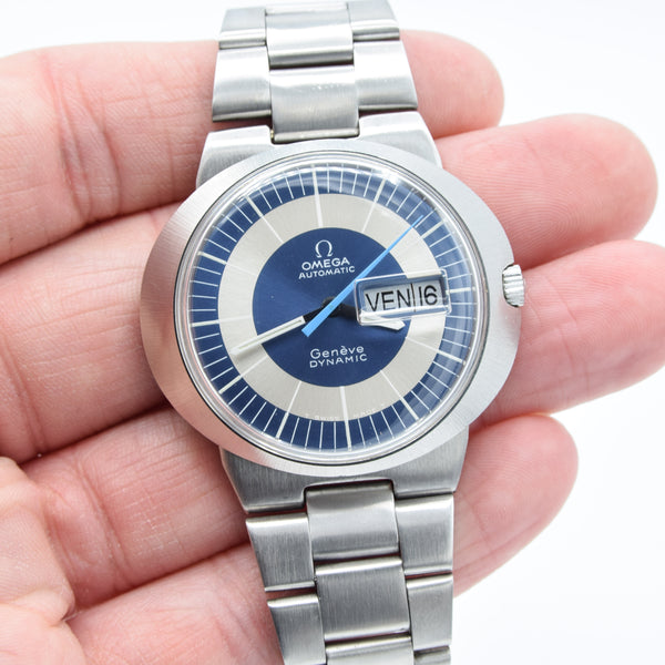 1969 Omega Geneve Dynamic Automatic French Day Date with Two Tone Silver and Blue Bullseye Dial Model 166.079 in Stainless Steel on Bracelet