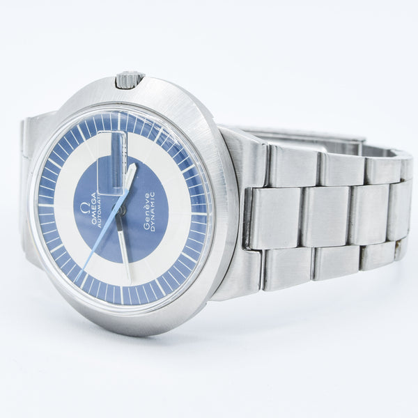 1969 Omega Geneve Dynamic Automatic French Day Date with Two Tone Silver and Blue Bullseye Dial Model 166.079 in Stainless Steel on Bracelet