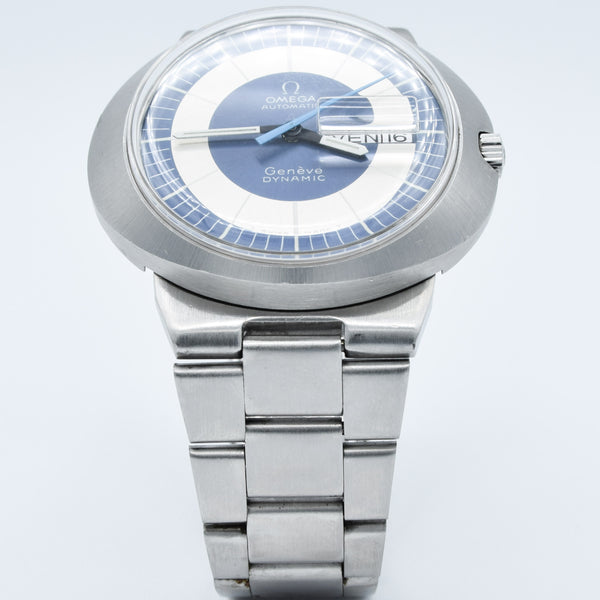 1969 Omega Geneve Dynamic Automatic French Day Date with Two Tone Silver and Blue Bullseye Dial Model 166.079 in Stainless Steel on Bracelet