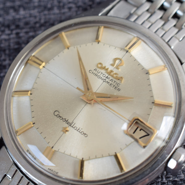 1962 Omega Constellation with Stunning Cross-Hair Pie Pan Model 14902 with Dog Legs on Flat Beads of Rice Bracelet