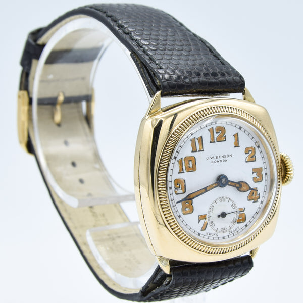 1933 JW Benson Submarine Watch with Enamel Dial and Arabic Numerals in 18ct Gold Cushion Case