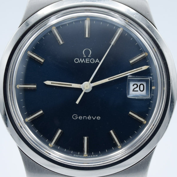 1978 Omega Geneve Date with Stunning Original Electric Blue Dial Model 136.0103 on Bracelet