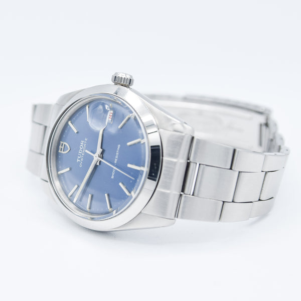 1968 Tudor Oyster Date Manual Wind Wristwatch Model 7992 with Metallic Blue Dial and Roulette Date on Original Bracelet