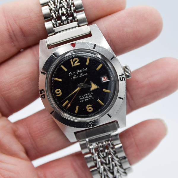 1960s Marc Nicolet Skin Diver Automatic Date Submariner-Style Wristwatch on NOS Razorwire Bracelet