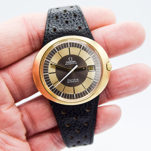 1970 Omega Geneve Dynamic Automatic Date with Gorgeous Two Tone Dial Model 166.039 in Gold Capped Case