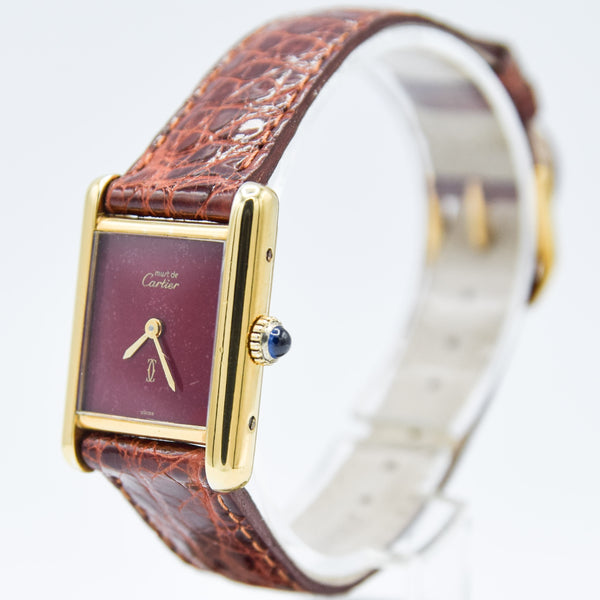 1979 Cartier Ladies Tank Mechanical with Unique Burgundy Red Patina Dial in 925 Sterling Silver Gilt Vermeil Case with Box and Papers
