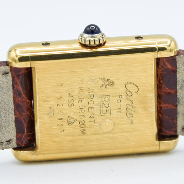 1979 Cartier Ladies Tank Mechanical with Unique Burgundy Red Patina Dial in 925 Sterling Silver Gilt Vermeil Case with Box and Papers