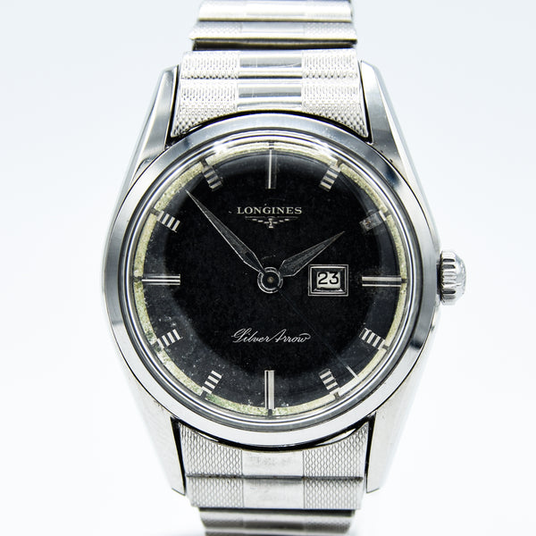 1958 Longines Silver Arrow Model 9104 with Tropicalised Black Dial in Stainless Steel on Rare Longines Fixoflex Bracelet Model 9100 & Archive Extract