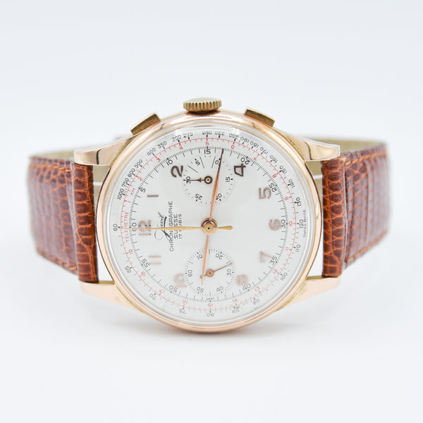1950s Jumbo Chronograph Suisse Javil Wristwatch in 37mm Solid 18ct Pink Gold Case with Landeron Cal 48