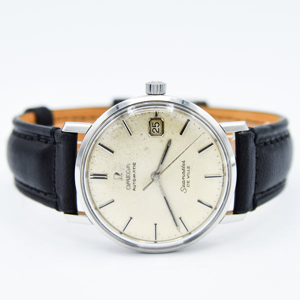 1966 Omega Automatic Seamaster De Ville Date Model 166.020 Wristwatch with Patina Dial and Hippocampus Back in Stainless Steel