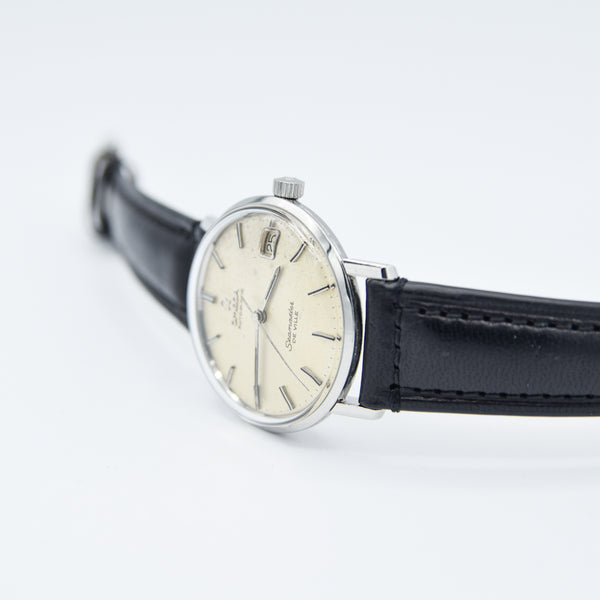 1966 Omega Automatic Seamaster De Ville Date Model 166.020 Wristwatch with Patina Dial and Hippocampus Back in Stainless Steel