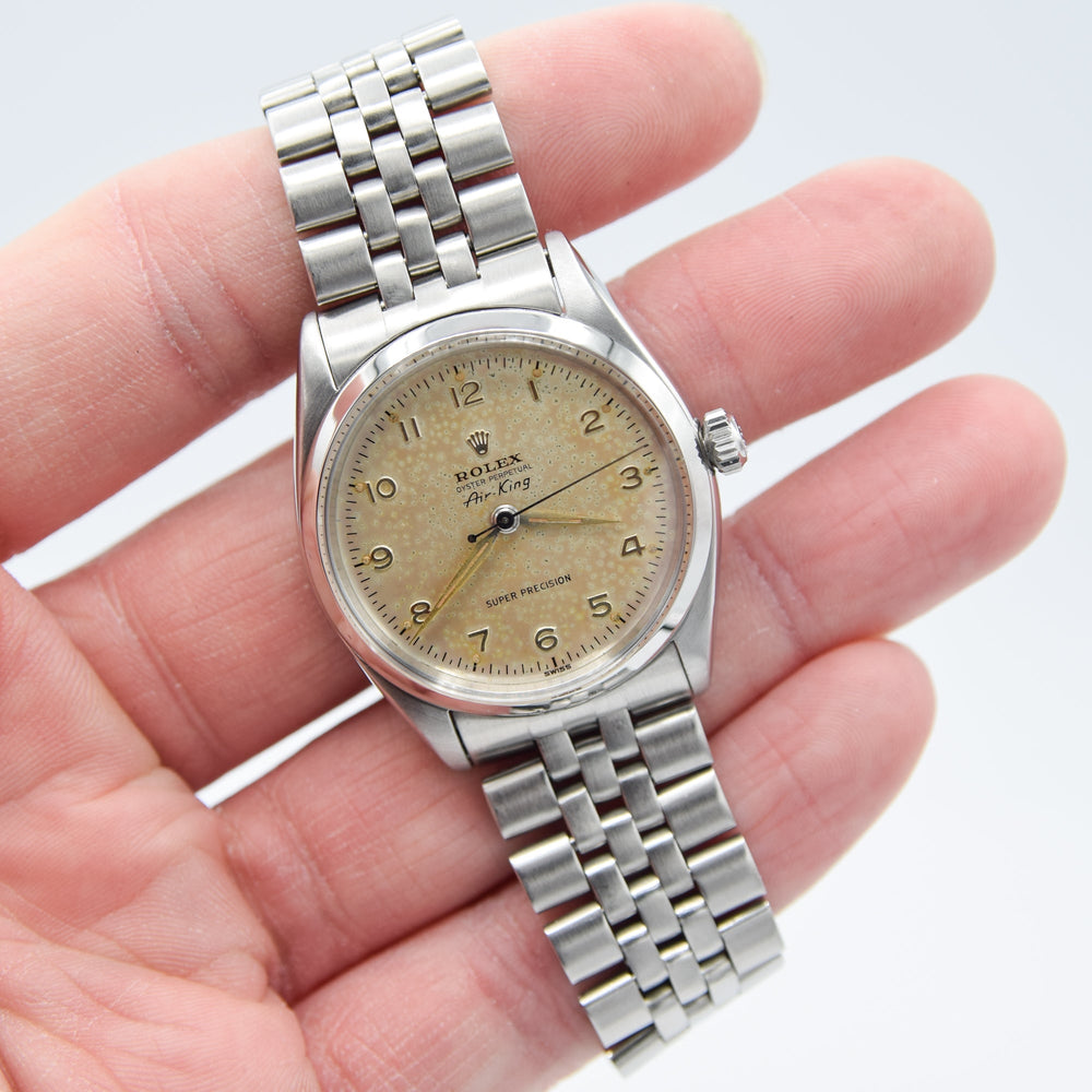 1958 Rolex Oyster Perpetual Air King Super Precision Model 5500 All Arabic Tropical Numerals in Stainless Steel on JB Champion Jubilee Bracelet