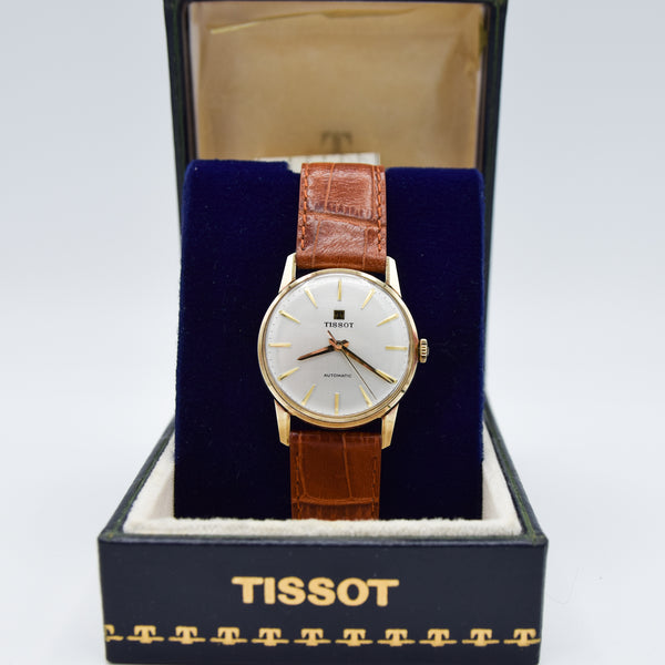 1974 Tissot Automatic Dress Watch with Linen Dial in 14ct Gold with Box Like New