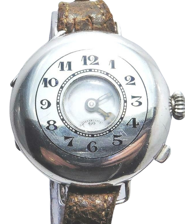 Half Hunter Trench Style Wristwatch in Silver with Original Strap and Buckle Circa 1920s