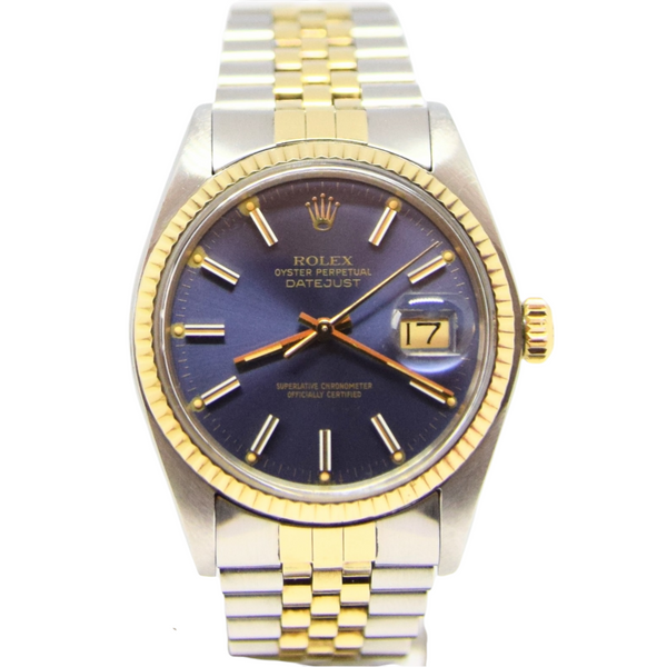 1979 Stunning Rolex Gold & Steel Oyster Perpetual Datejust with Fluted Gold Bezel Blue Dial  Model 16013 + Box, Book & Swing Tags