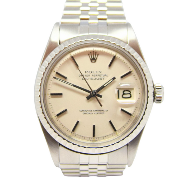 1971 Rolex Oyster Perpetual Datejust with Engine Turned Bezel and Sloped Dial in Stainless Steel Model 1603 with Box