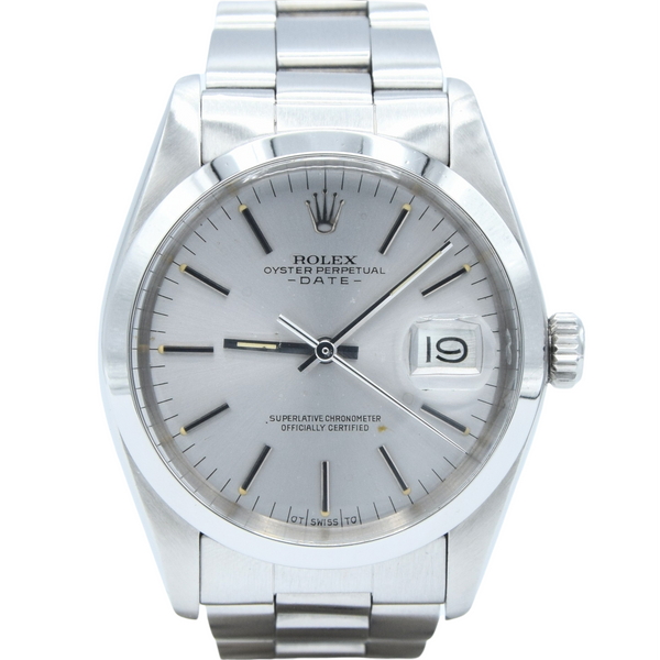 1977-78 Rolex Oyster Perpetual Date Model 1500 with Satin Silver "Sigma Dial" in Stainless Steel on Heavy Oyster Bracelet