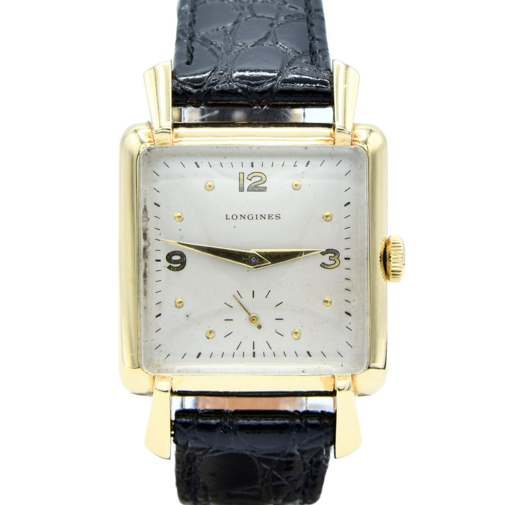 (RESERVED)1949 Longines Solid 18ct Gold Square Dress Watch with Scalloped Lugs and Mixed Dot and Arabic Numerals