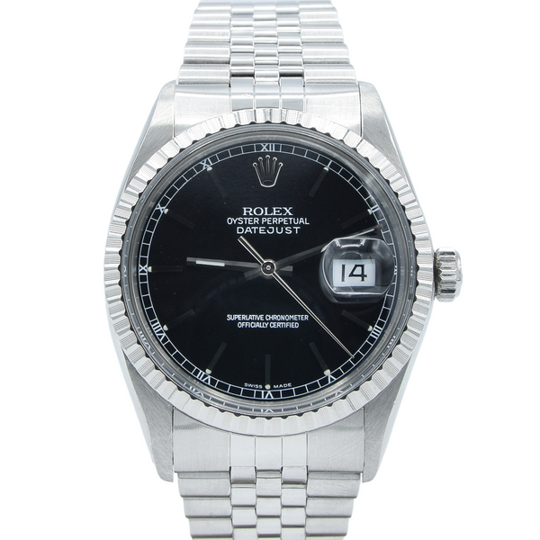 1979 Stunning Rolex Steel Oyster Perpetual Datejust Engine Turned Bezel & Black Dial Model 16030 with Box, Book & History