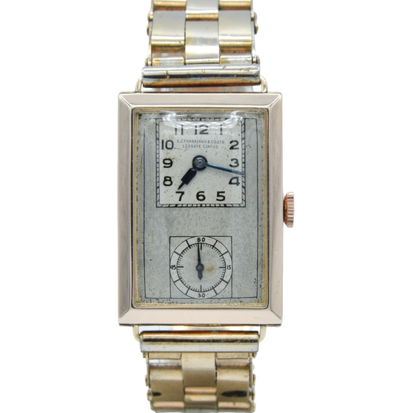 1933 E.J. Frankland & Co. Ltd, Ludgate Circus Rectangular Early Deco Special Doctors Duo Dial Wristwatch in 9ct Gold English-Made Case