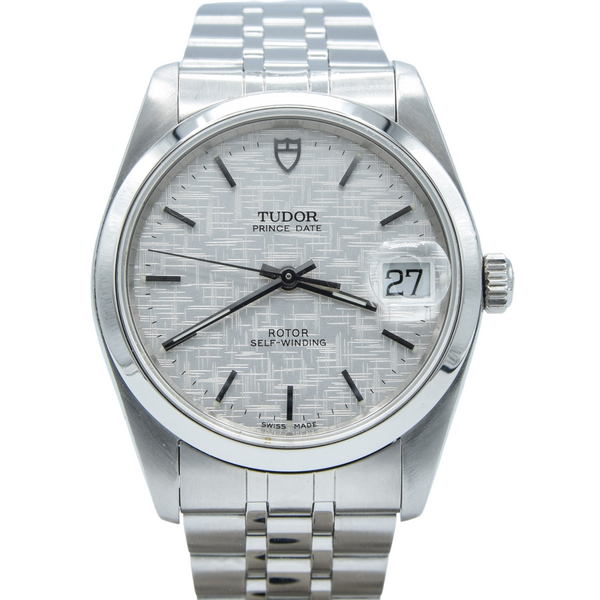 2002 Tudor Prince Date 74000N Rotor Self-Winding Wristwatch with Linen Dial Model in Stainless Steel with Box