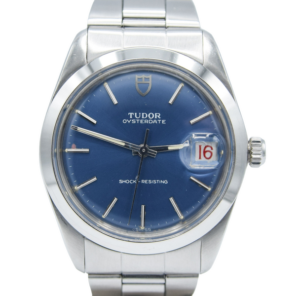 1968 Tudor Oyster Date Manual Wind Wristwatch Model 7992 with Metallic Blue Dial and Roulette Date on Original Bracelet