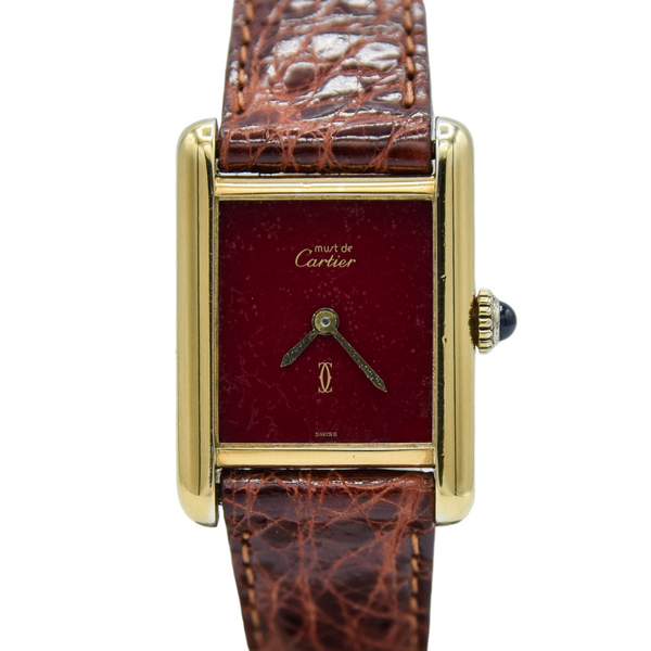 1979 Cartier Ladies Tank Mechanical with Unique Burgundy Red Patina Dial in 925 Sterling Silver Gilt Vermeil Case