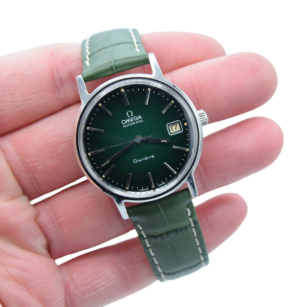 1973 Omega Genève Automatic Date Model 166.0163 with Stunning Rare Electric Green 'Fumé' Dial