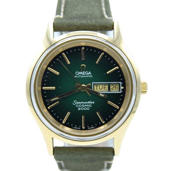 1977 Omega Rare Large Cosmic 2000 Fumé Emerald Green Automatic Day/Date Model 166.129