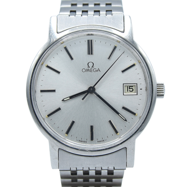 1980-81 Omega Manual Wind Date Dress Watch Model 136.0104 in Stainless Steel on Bracelet with Box and Papers