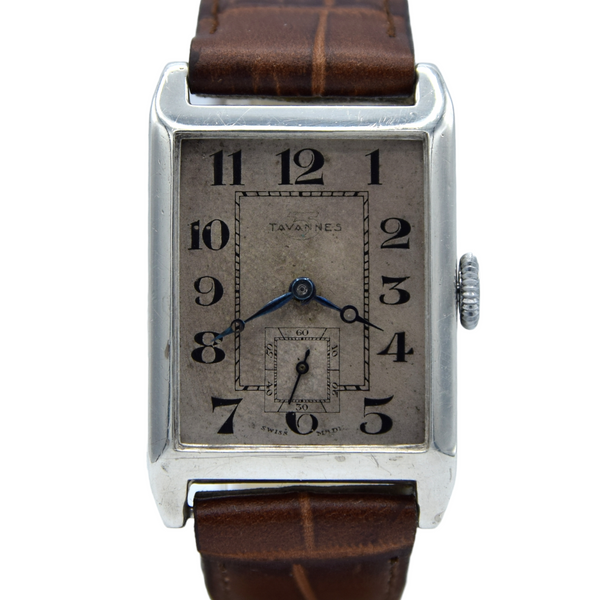 1930 Tavannes Cyma Rectangular Deco Tank Watch with Arabic Numerals in 925 Sterling Silver Case