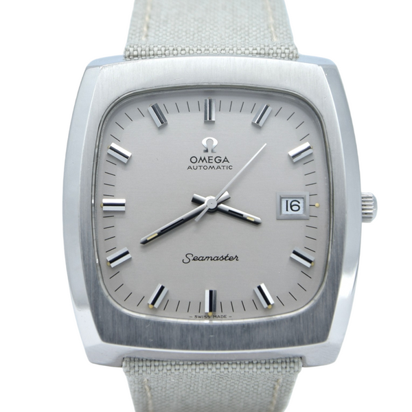 1973 Large Square Omega Seamaster Automatic Date Model 166.0138 in Sta Antique Watch Co