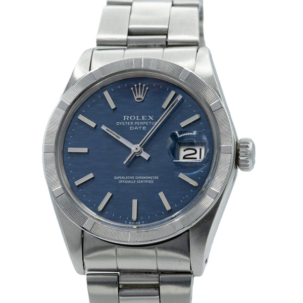 1971 Rolex Oyster Perpetual Date Model 1501 with Mosaic Blue Dial and Engine-Turned Bezel in Stainless Steel