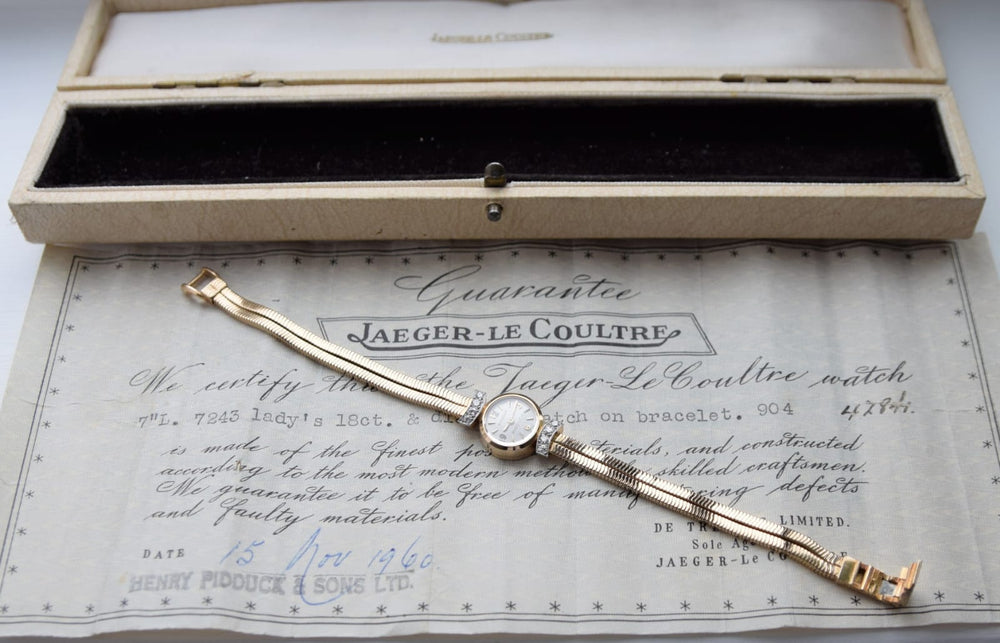 Jaeger LeCoultre Pidduck's Ladies Cocktail Watch in Gold with Diamonds Dated 1960 with original box and papers