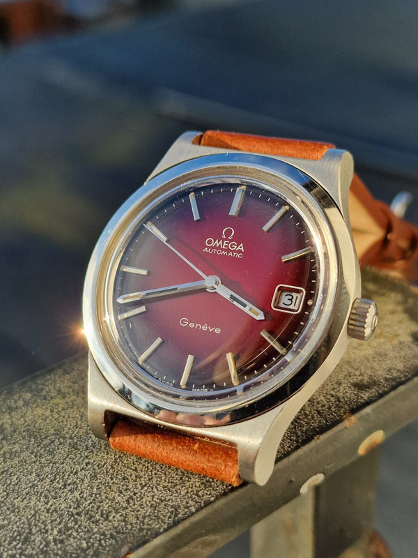 1972 Omega Genève Automatic Date in Stainless Steel Model 166.0168 with Original 'Fume Red' Dial